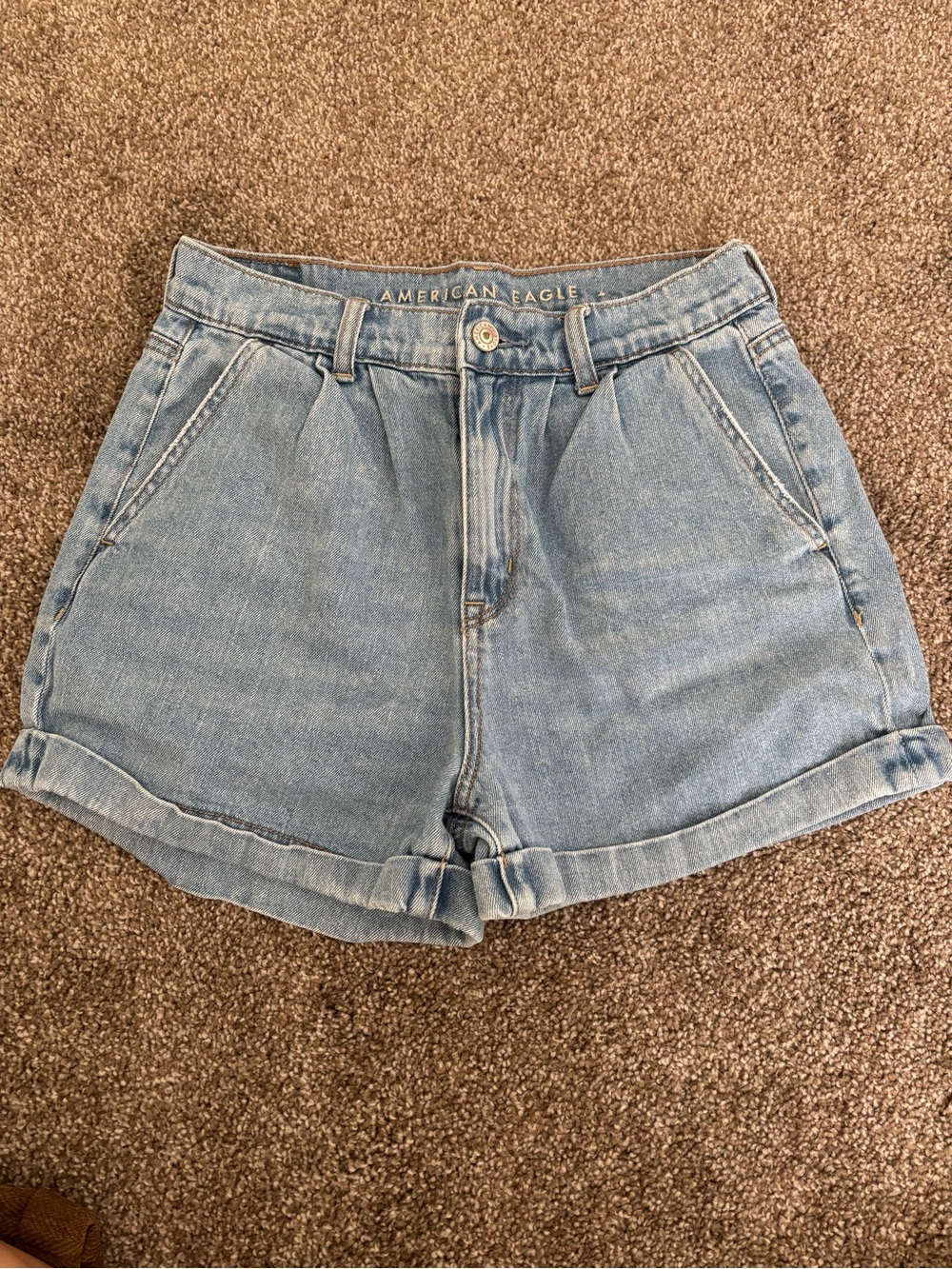 American Eagle Outfitters Light Blue Denim High-Rise Pleated Cuffed Shorts
